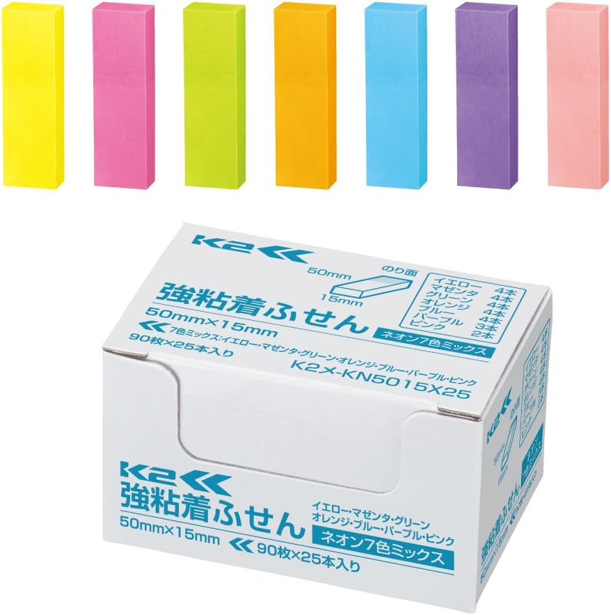 Kokuyo KN5015X25 Sticky Notes, Strong Adhesive, K2, 2.0 x 0.6 inches (50 x 15 mm), Neon Color, 90 Sheets x 25 Pieces, 7 Colors, K2 Me
