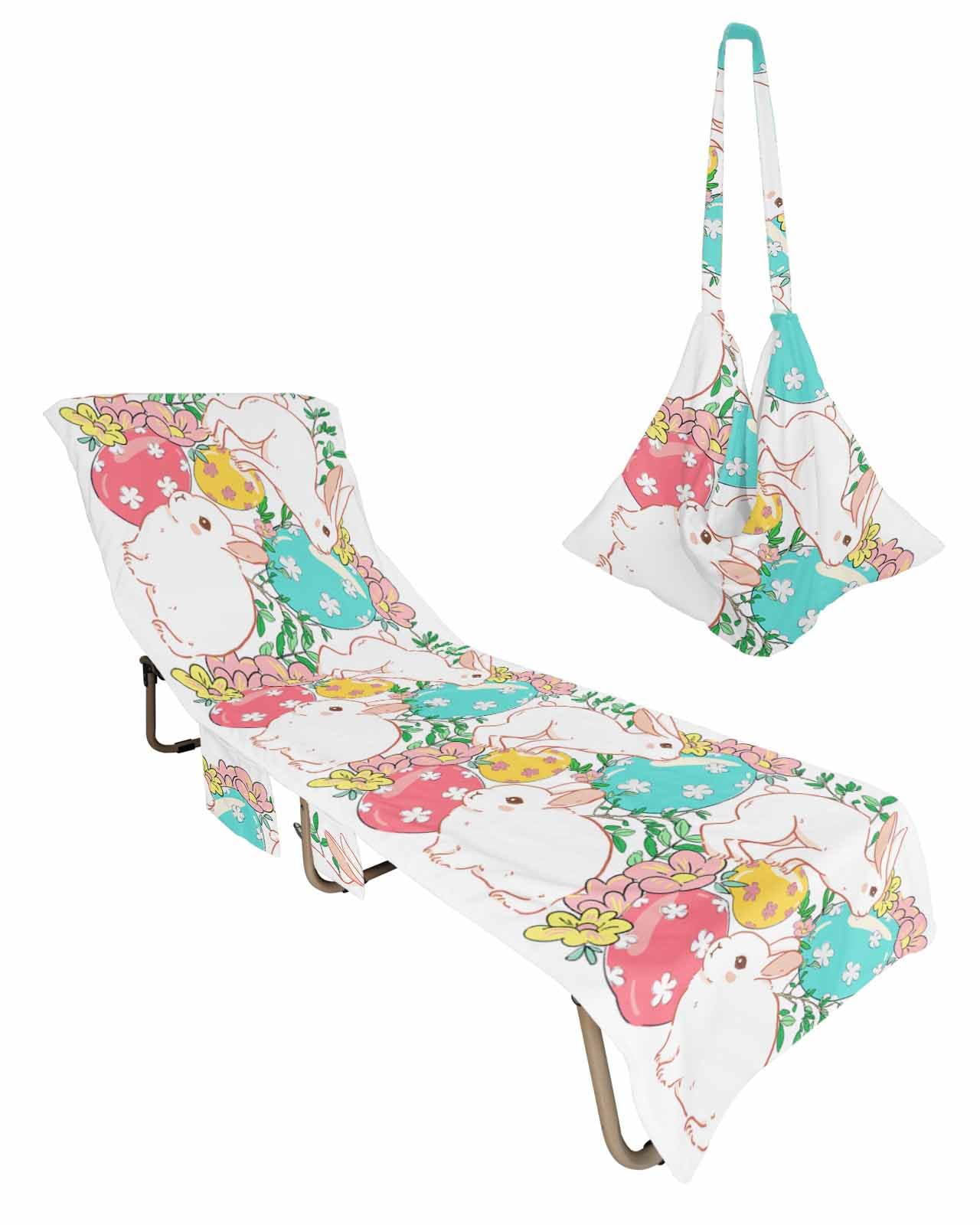 Easter Beach Chair Towel Covers for Chaise Lounge with Side Pocket, Soft Plush Pool Towels Cover for Patio Sunbathing Outdoor 29''x85'' Colorful Spring Flowers Bunny Eggs Modern White