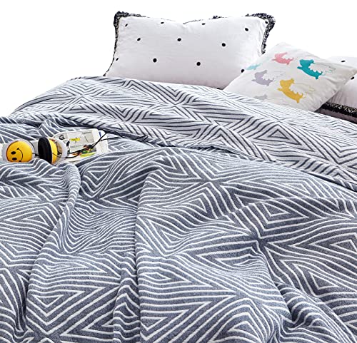 Meju Blue Checks Stripes Triange Muslin Lightweight Summer Blanket For Bed Sofa Couch, 100% Combed Cotton 3 Layer Soft Warm Quick Dry Throw Blanket Bed Coverlet Sheet (Check2 Blue, F/Q 78" X 90") #TOP10