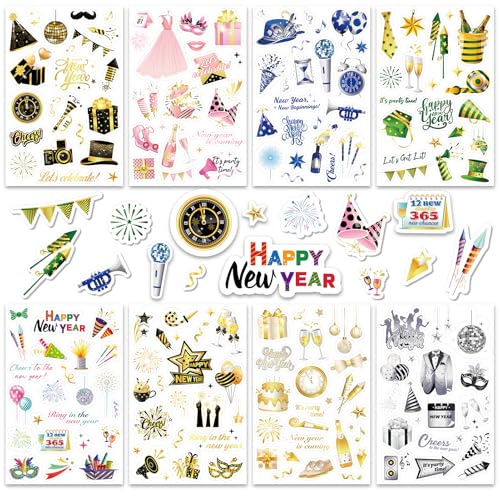 DPKOW 24 Hojas Feliz Año Nuevo Pegatinas para Álbum de Recortes, Fin de Año Bricolaje Stickers para Manualidades Bullet Journal, Pegatinas Nochevieja Recuerdos para Fiesta