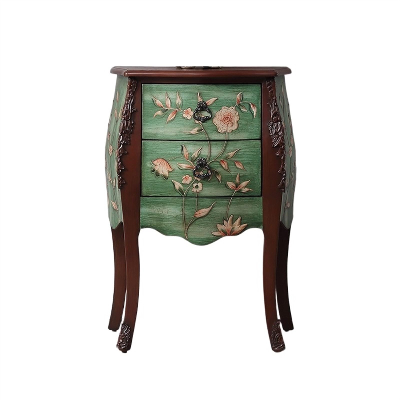 tavolino portaoggetti Comodino in legno dipinto, mobiletto laterale piccolo stile country, ad angolo, con cornice floreale