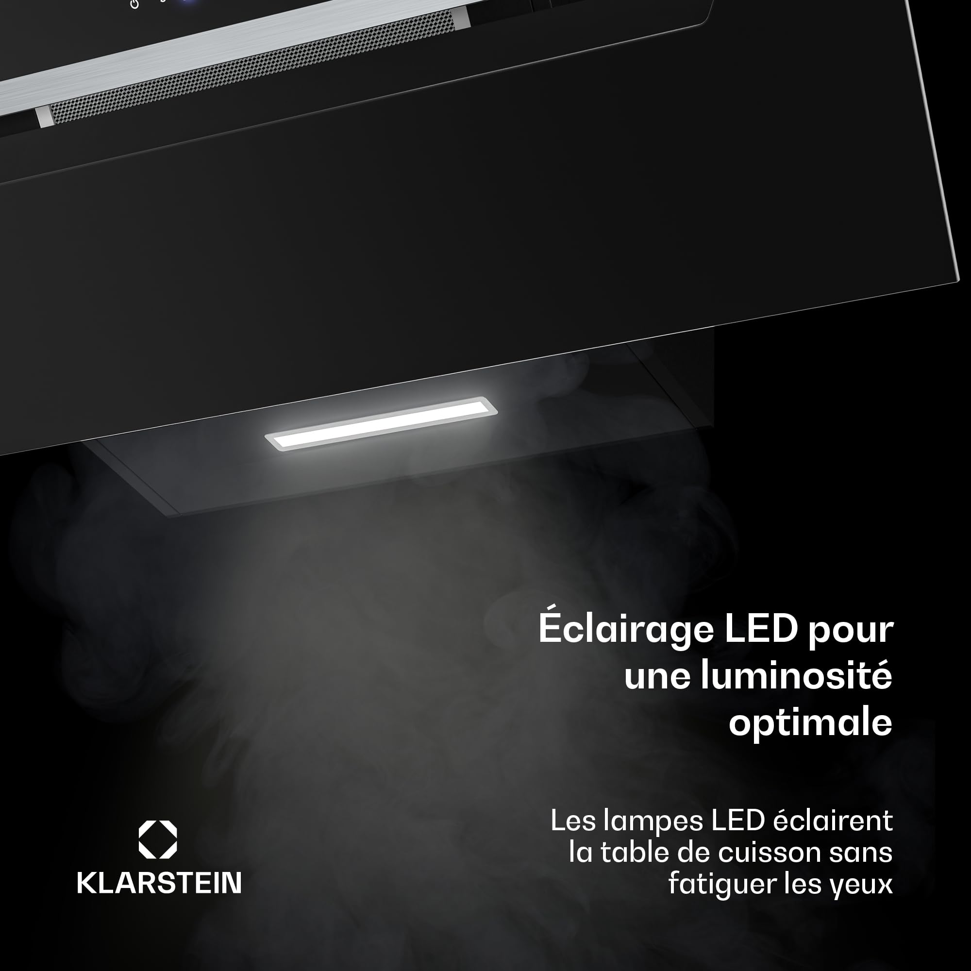 Klarstein BigBite Hotte Aspirante 90 cm - Hotte Décorative Inclinée, 417 m³/h, A+++, LED, 3 Vitesses & Boost, Filtre Charbon, Tactile, Recyclage ou Évacuation, Design Verre Noir