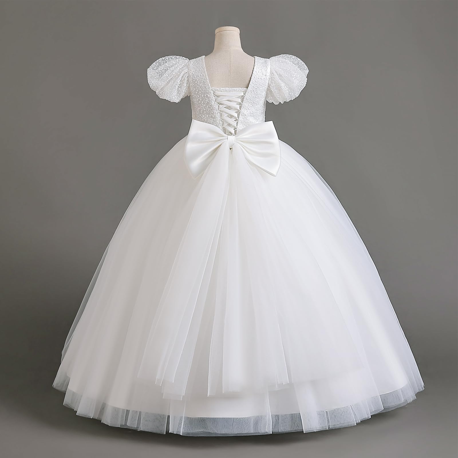 Odizli Vestidos de flores para niña, mangas puf, bowknot purpurina, lentejuelas, línea A, vestido de tul, boda, primera comunión, fiesta, largo de noche