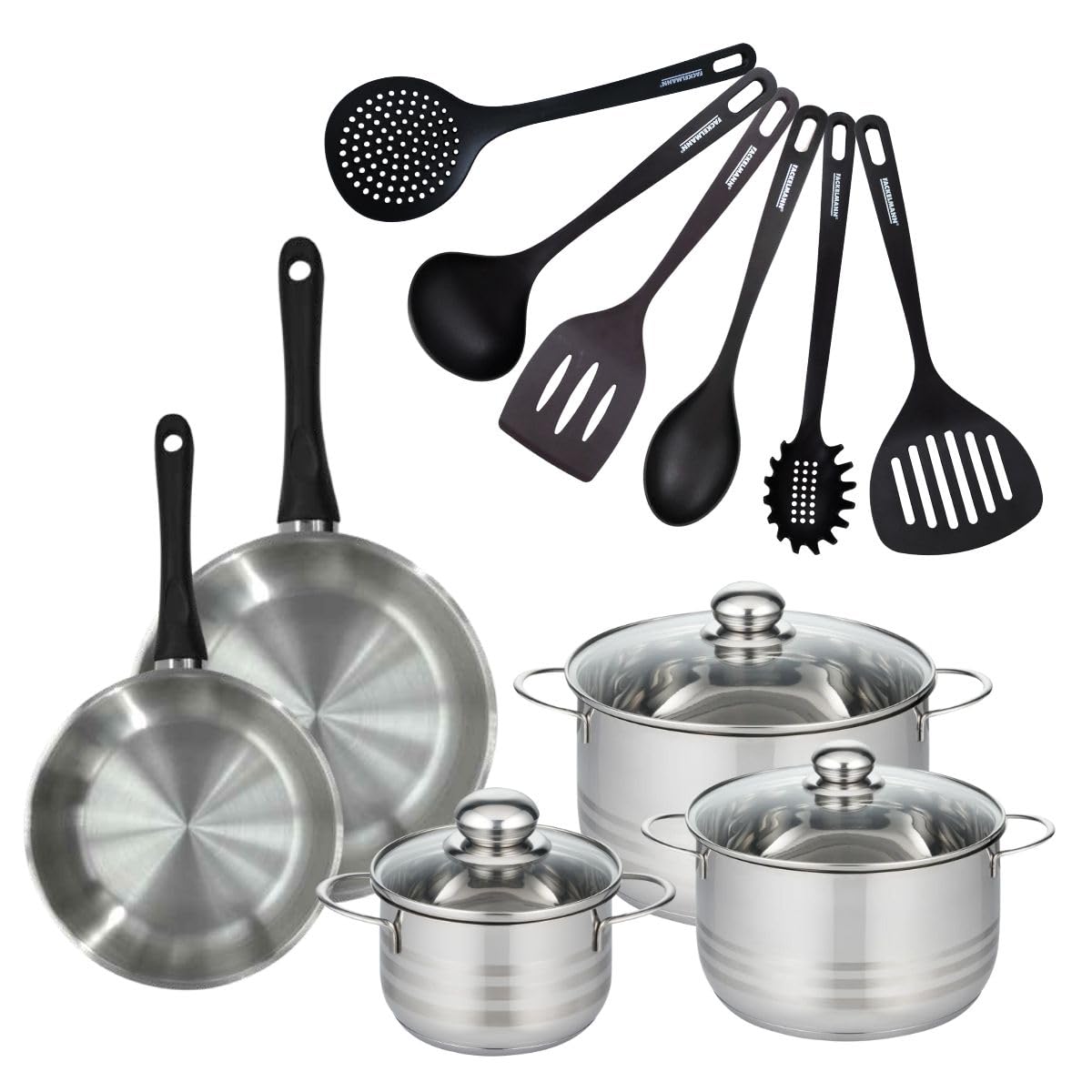 Fackelmann Batterie 2 poêles 20/24 cm et 3 faitouts inox | Set complet pour équiper la cuisine, 2 poêles 3 faitouts 6 ustensiles, Inox verre RPET, Induction four vitrocéramique gaz