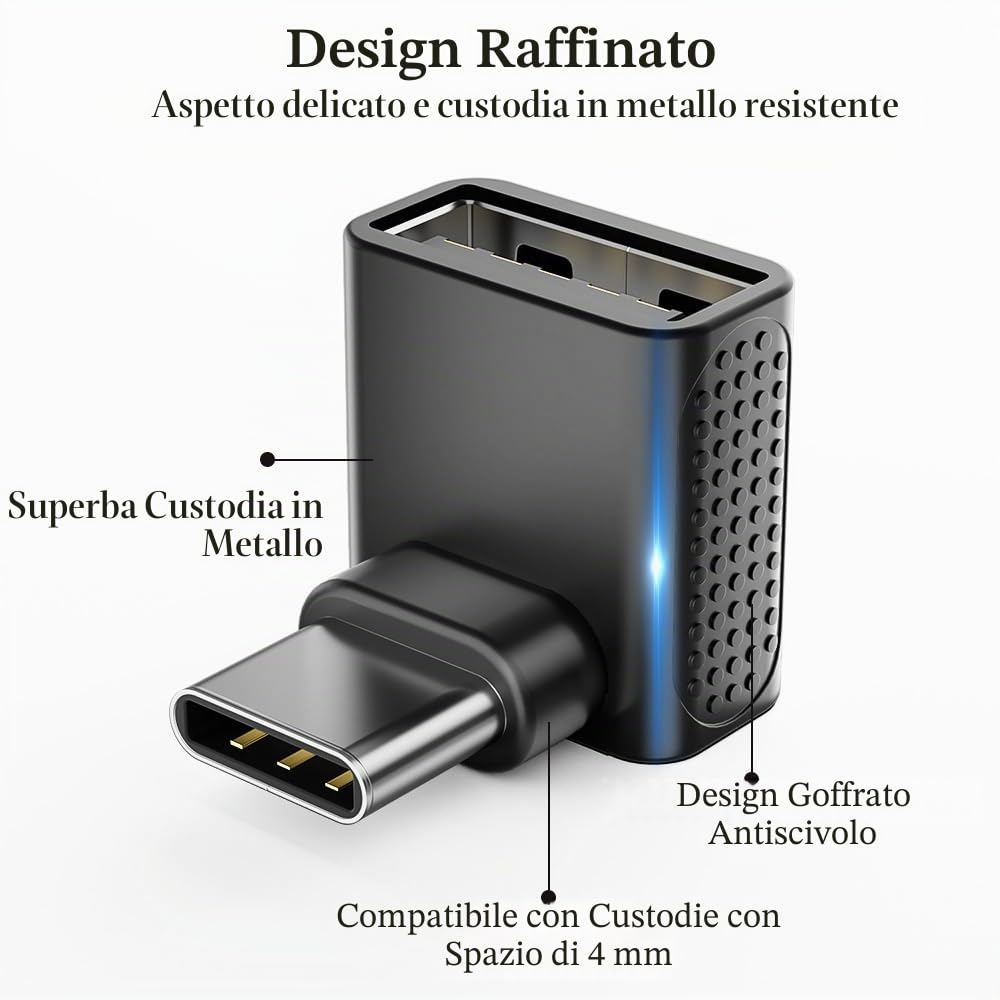 Adattatore USB C a USB da 10 Gbps (2 pezzi), 90 gradi da maschio ad angolo retto a presa A 3.2, convertitore per iPhone 16, serie 15, iPad, MacBook e altro ancora