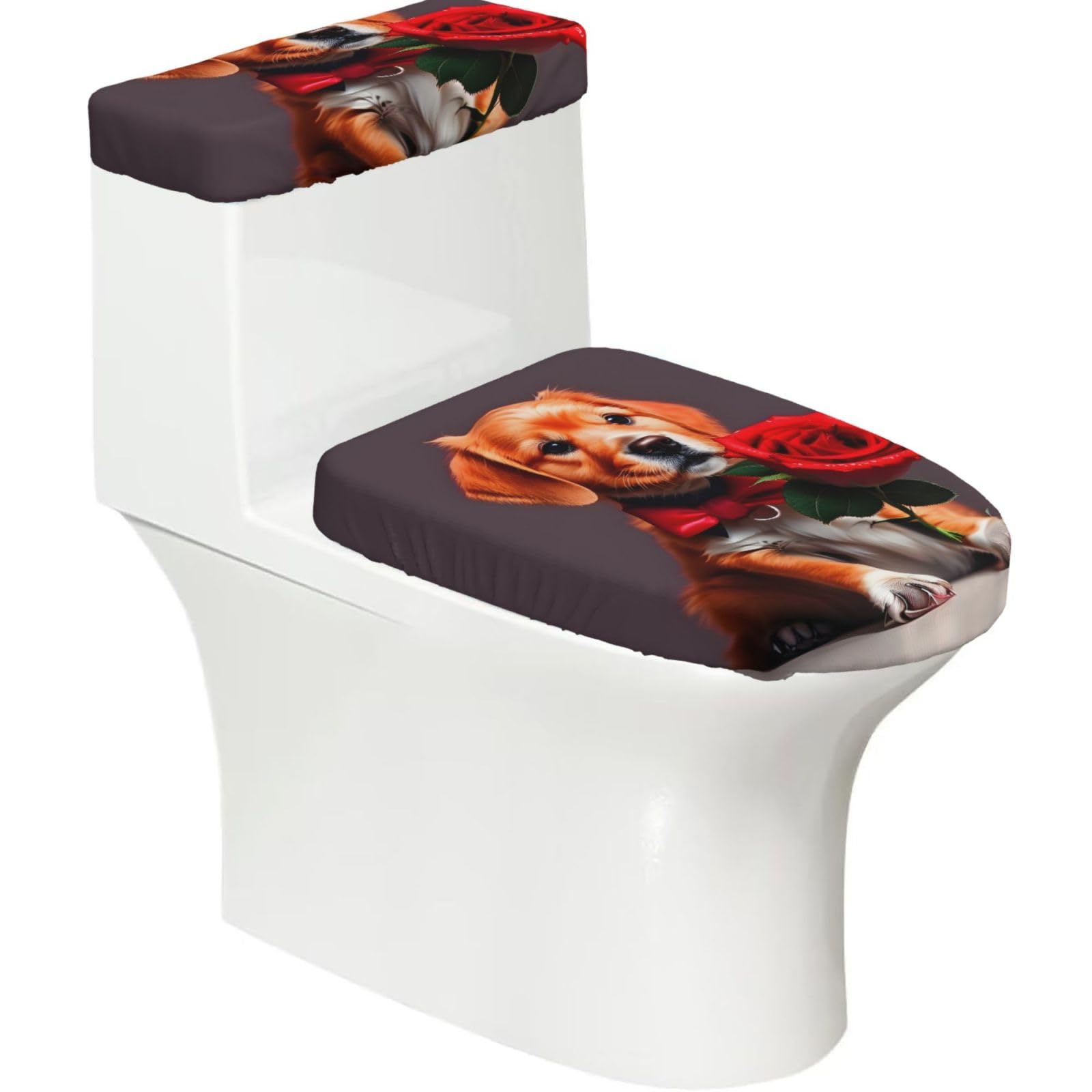 Gentleman-Like Dog Elastic Toilet Cover Set of 2-Stretchy Lid and Tank Covers for Bathroom, Soft Washable U Shape Toilet Decor