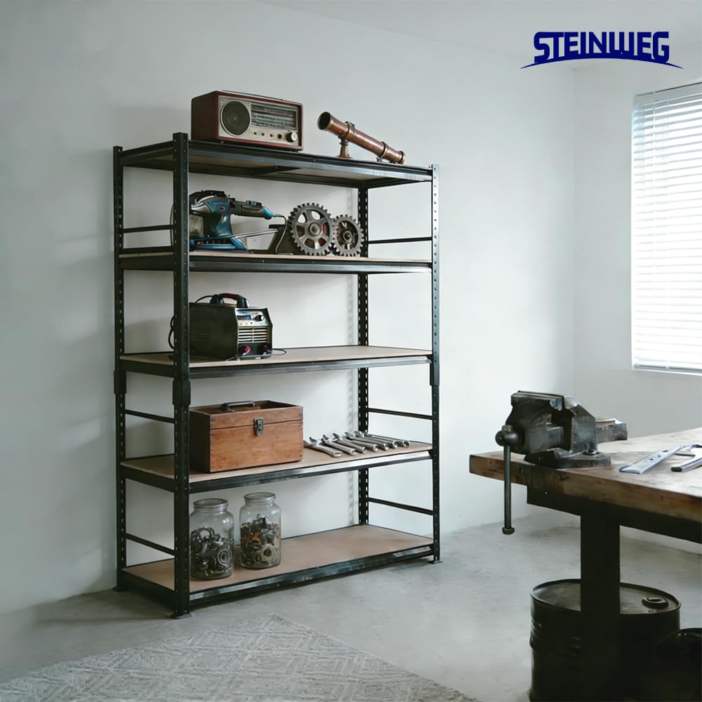 Steinweg Lot de 2 étagères pour charges lourdes - 180 x 90 x 40 cm - Charge maximale : 875 kg - 0,63 mm - 5 panneaux MDF réglables - Étagère de rangement - Pour cave, atelier, noir laqué