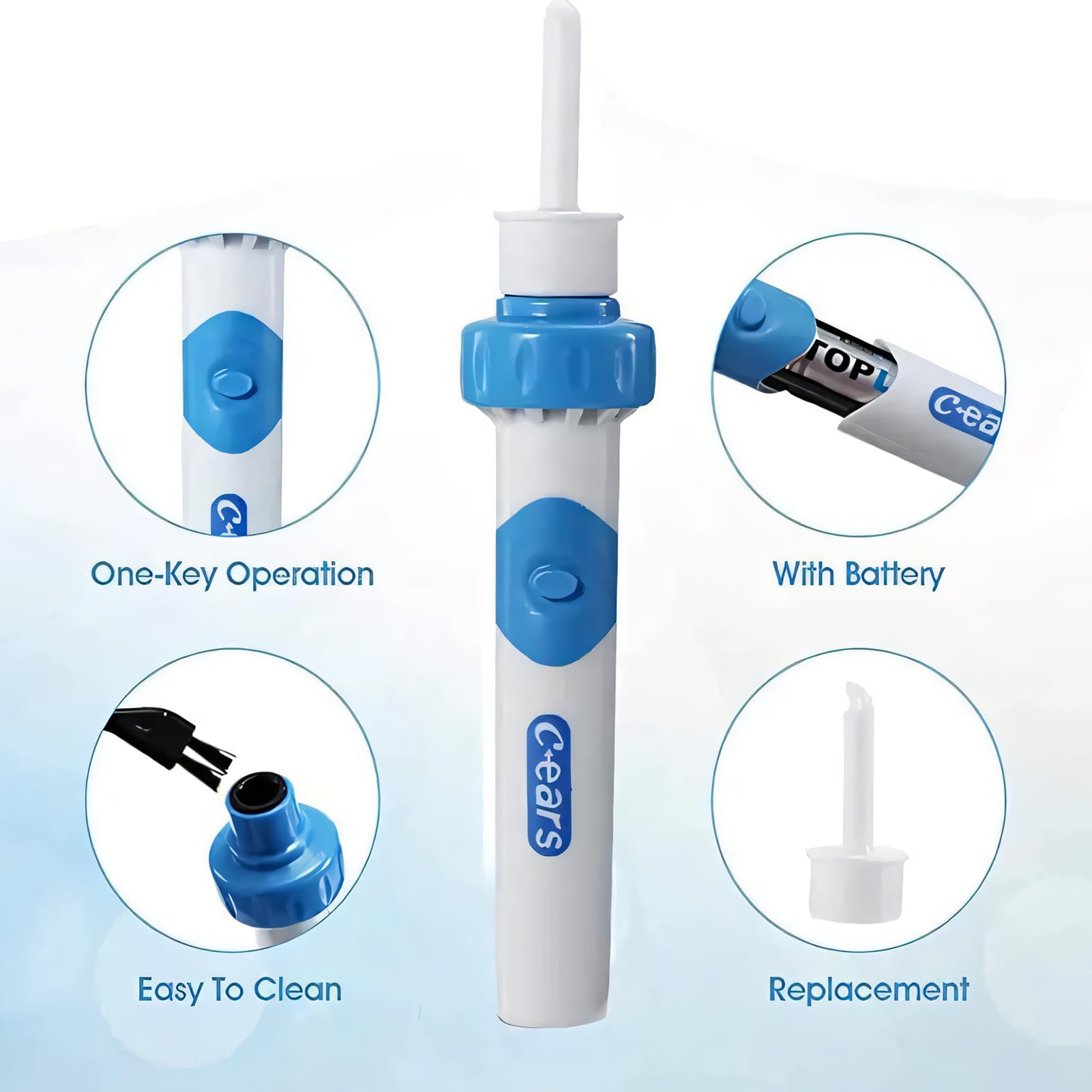 Aspiratore Cerume Orecchie Elettrico Pulisci Orecchie con Aspirazione, 2 Testine Silicone + Spazzolina, pulizia orecchie adulti bambini, aspiratore di cerume, funziona con Batterie AAA