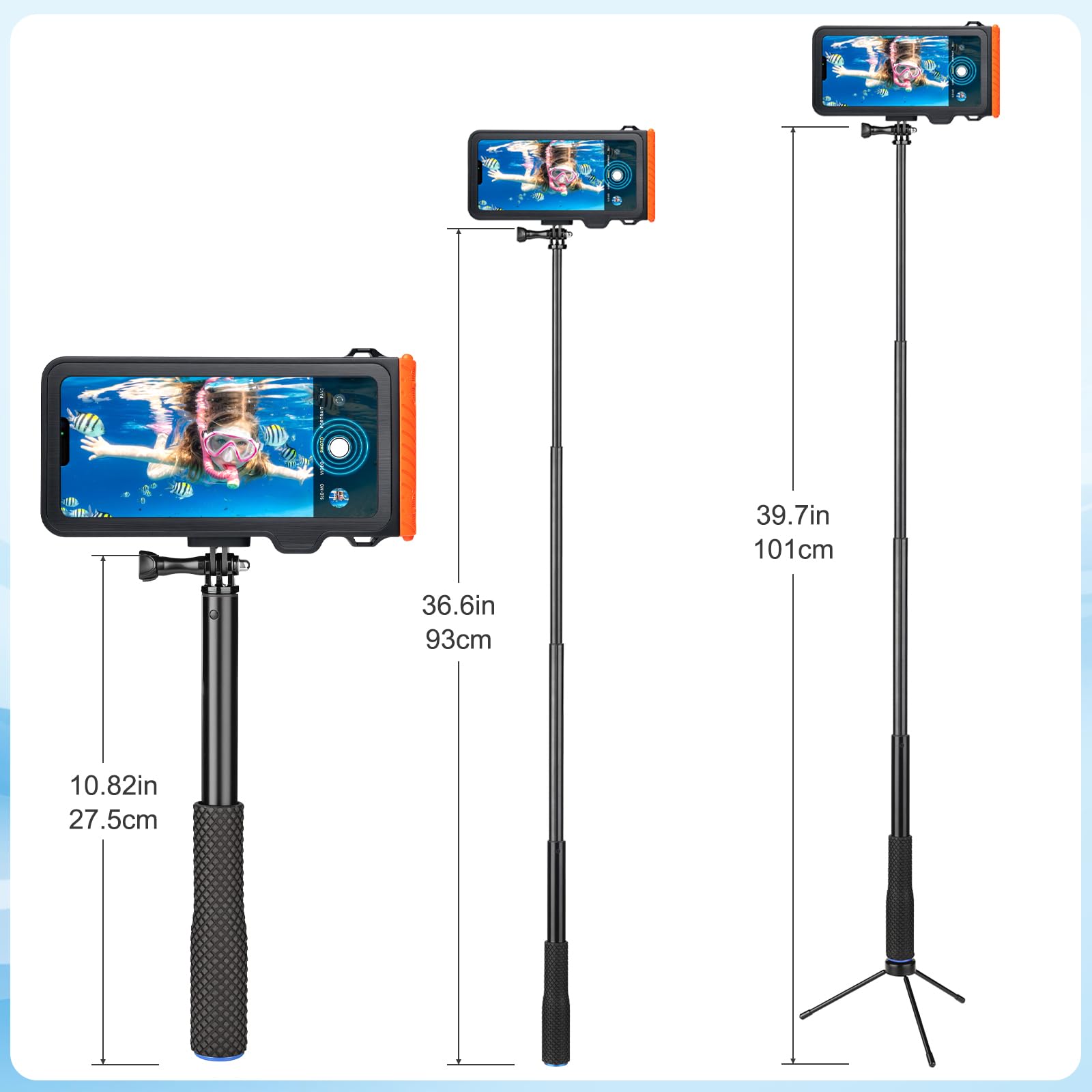 ShellBox wasserdichte Selfie Stick with wasserdichte Handyhülle Set Unterwasser Wasserfeste Handyhülle Schwimmen Baden Tauchen Surfen Bootfahren Compatible iPhone 16e 16 15 14 13 Pro Max Samsung S25