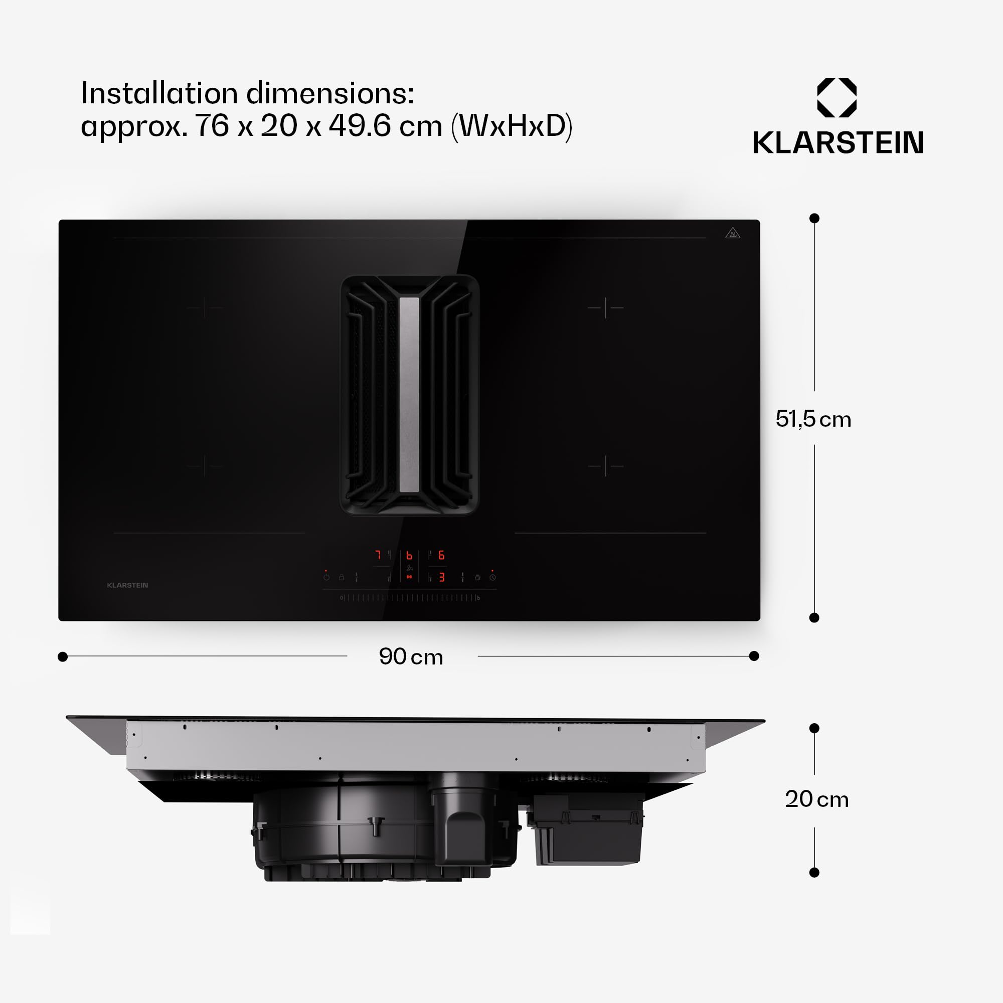 Klarstein Płyta indukcyjna 2w1 ze zintegrowanym okapem, Płyta indukcyjna z okapem do wyspy kuchennej, 4-polowa z Przepływ 750 m³/h, Wyświetlacz dotykowy, Klasa energetyczna A