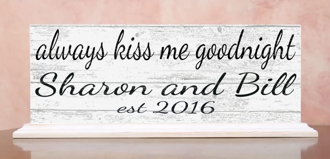 Custom Wedding Gift or Anniversary Family Established Sign Name & Est. Date for Mantel or Shelf - Solid Wood - 16.5in x 6.25in x 3in (Always Kiss Me Goodnight)