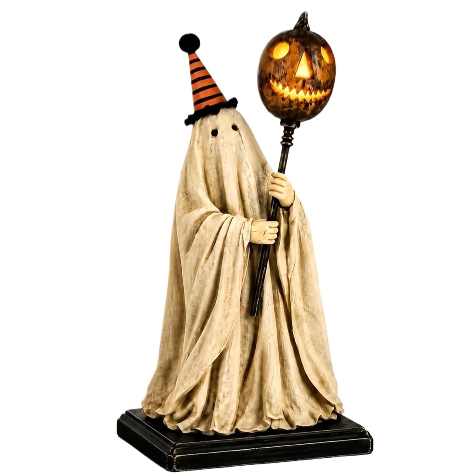 QAZWZG Vintage Ghost Figurine with Pumpkin Staff Lighted Vintage Ghost Figurine With Glowing Pumpkin Staff, Cute Halloween With Striped Party Hat Decorations