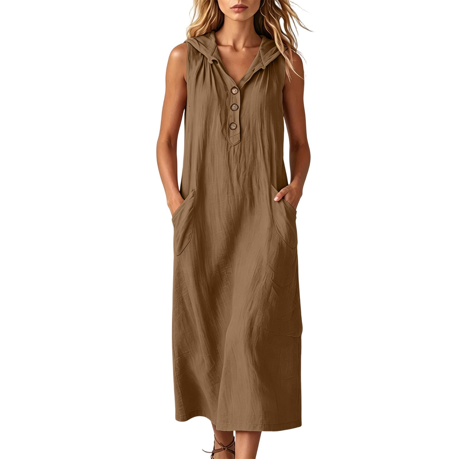 Generico Vestiti Estivi Donna Lunghi Lino Vestiti Cotone Scollo a V Morbidi Vestito Largo con Bottoni Abito Estivo Tinta Unita Comodo e FLuidi Vestito Mare Taglie Forti Abito Curvy Estate Mare
