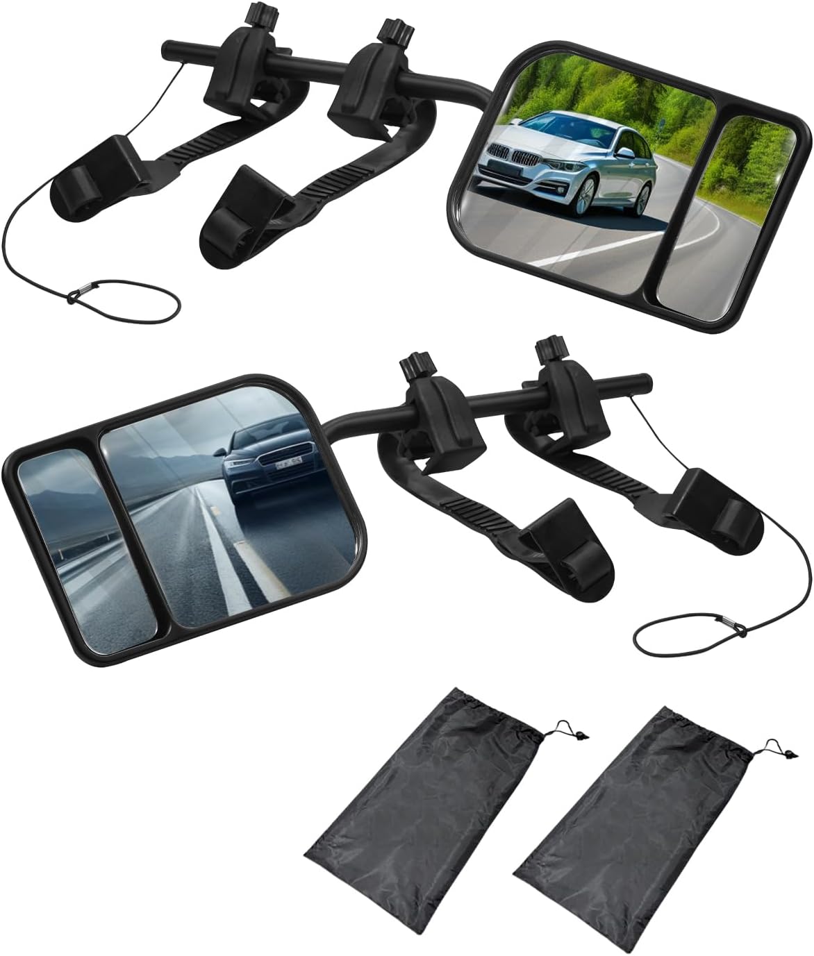 Universal Towing Mirror Extensions with Wide-Angle Small Mirror, 360° Adjustable Clip-On Tow Mirrors Fit for Jeep SUV Truck RV Trailer, 1 Pair (Left & Right) with Storage Bag
