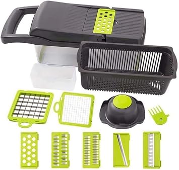 qiuqiu 7-in-1 Multifunction Vegetable Cutter, Slicer, Dicer, Peeler, Chopper, Grater - Stainless Steel Blades, Green