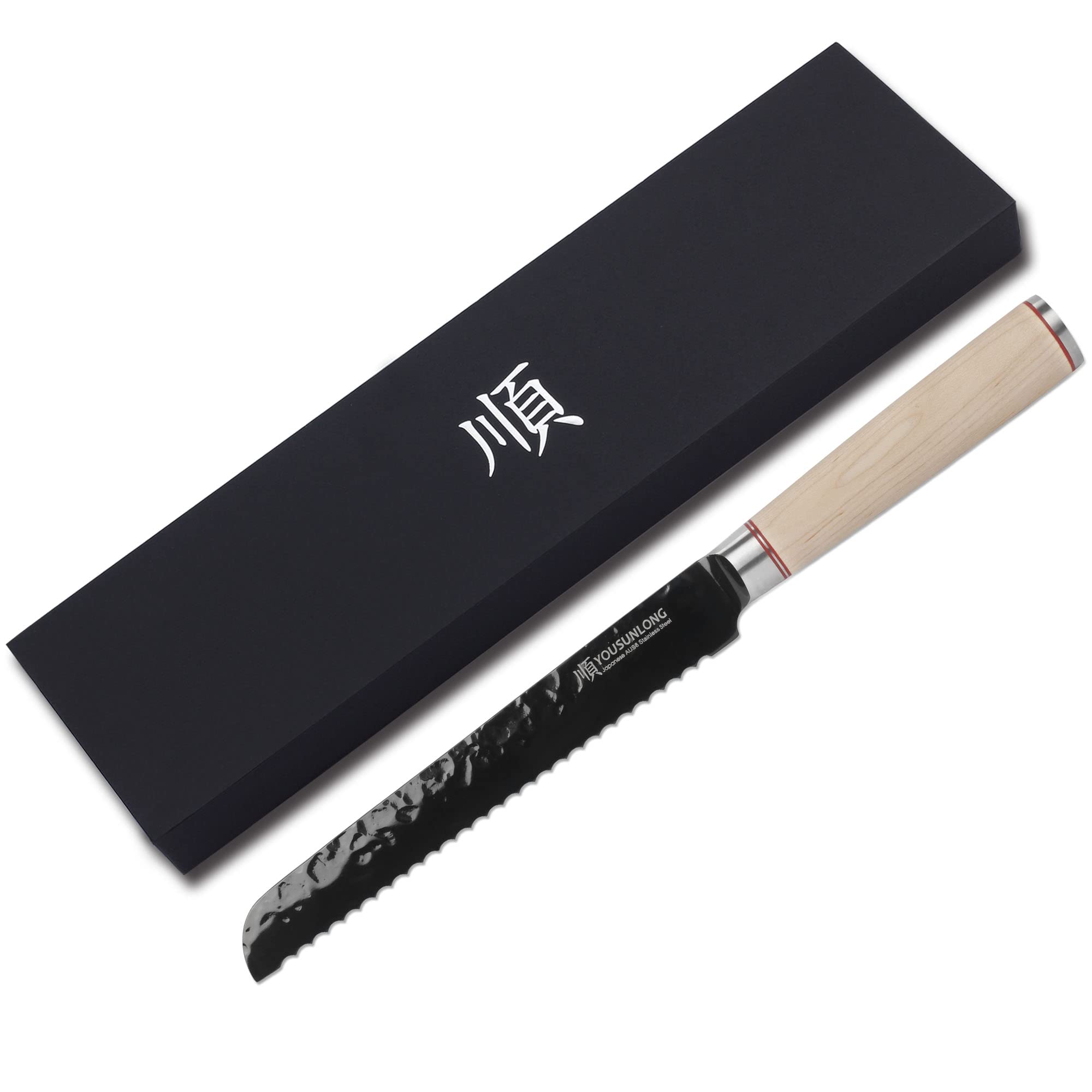 YOUSUNLONG Coltello da pane seghettato 203mm Coltello seghettato AUS8 Acciaio giapponese rivestito in titanio nero - Manico in acero canadese - Affetta pane