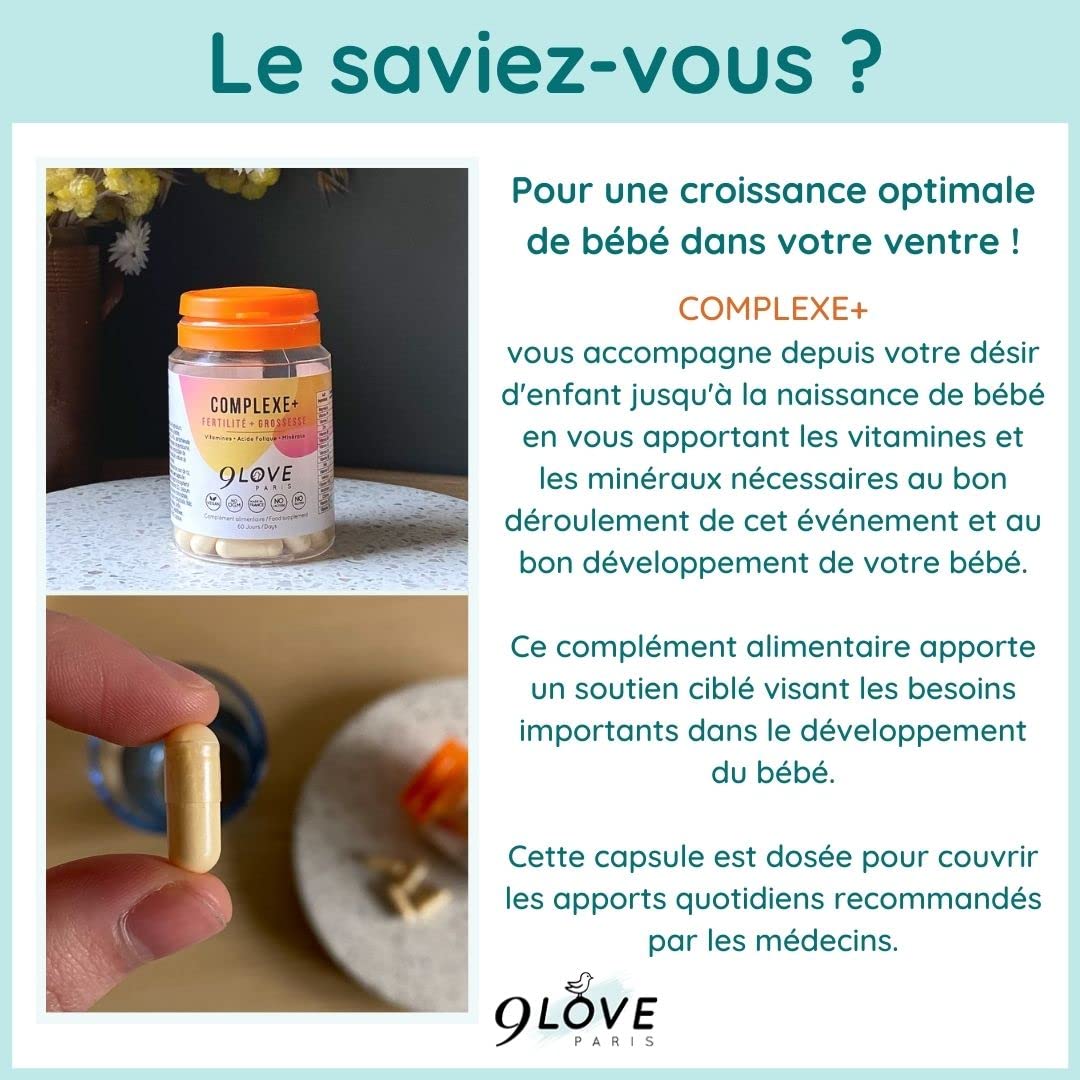 9LOVE - Acide Folique Vitamine B9 - Complément Grossesse, Conception et Fertilité - COMPLEXE+ 60 capsules - 13 Vitamines, Minéraux et compléments dont B12, D3, Iode, Zinc