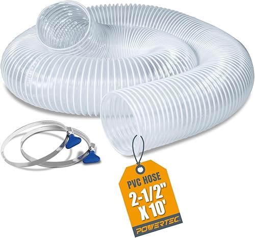POWERTEC 70241V Manguera de recogida de polvo de PVC de 2-12 pulgadas x 10 pies con 2 abrazaderas de manguera de acero inoxidable para carpintería y