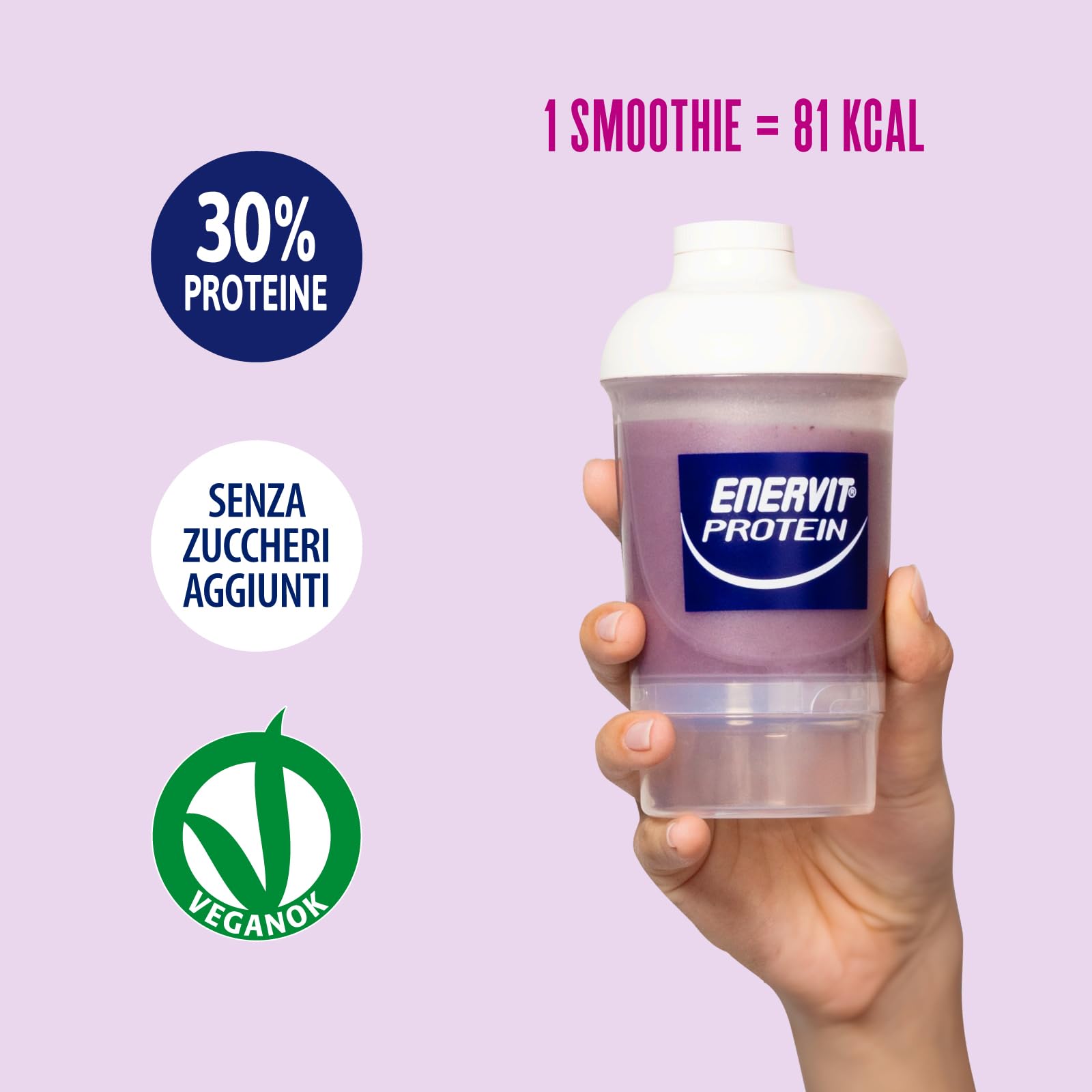 Enervit Protein, Smoothie al Mirtillo, 30% di Proteine, Senza Zuccheri Aggiunti, Per una Pausa Fresca e Proteica, Senza Grassi, 1 Smoothie = 81 kcal, Gusto Mirtillo, VeganOK, Barattolo da 320g