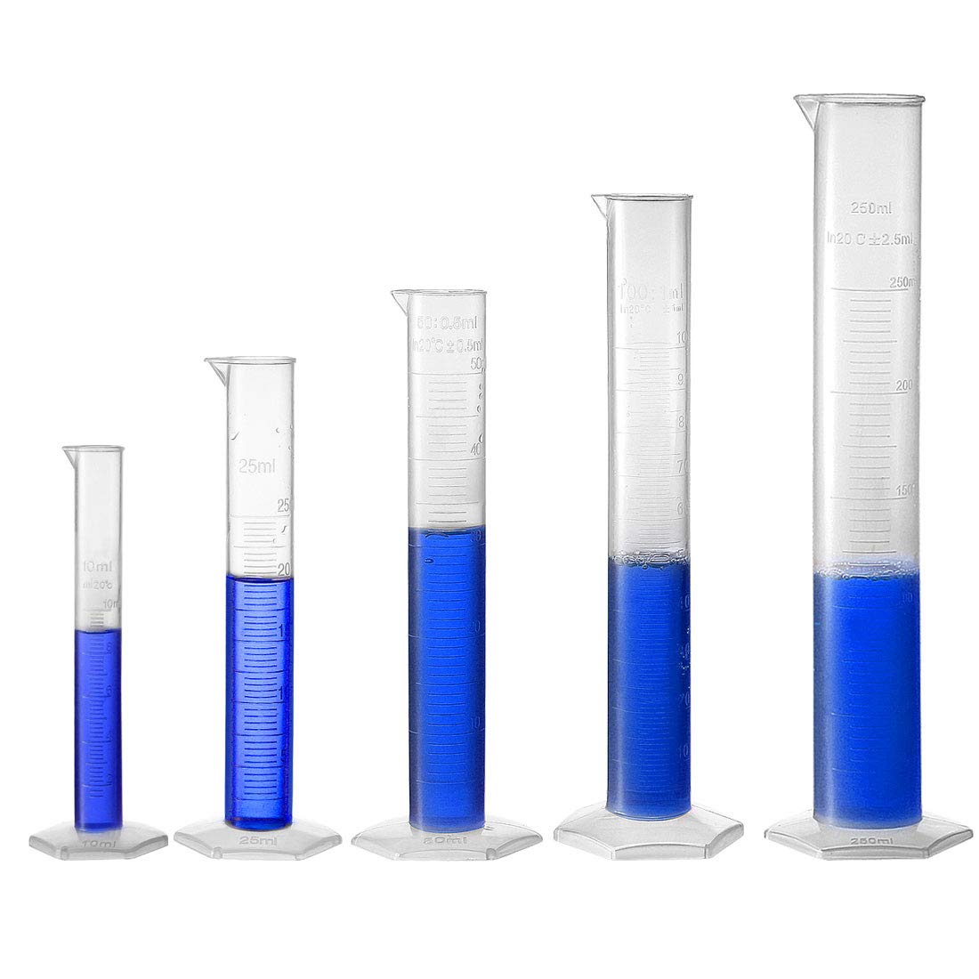 sourcing map Plástico Graduado Cilindro, 10/25/50/100/250ml Medición Cilindro, Ciencia Prueba Tubo Vasos, Individual Métrica Escala, Transparente Hexagonal Base Matraz para Laboratorio Casa