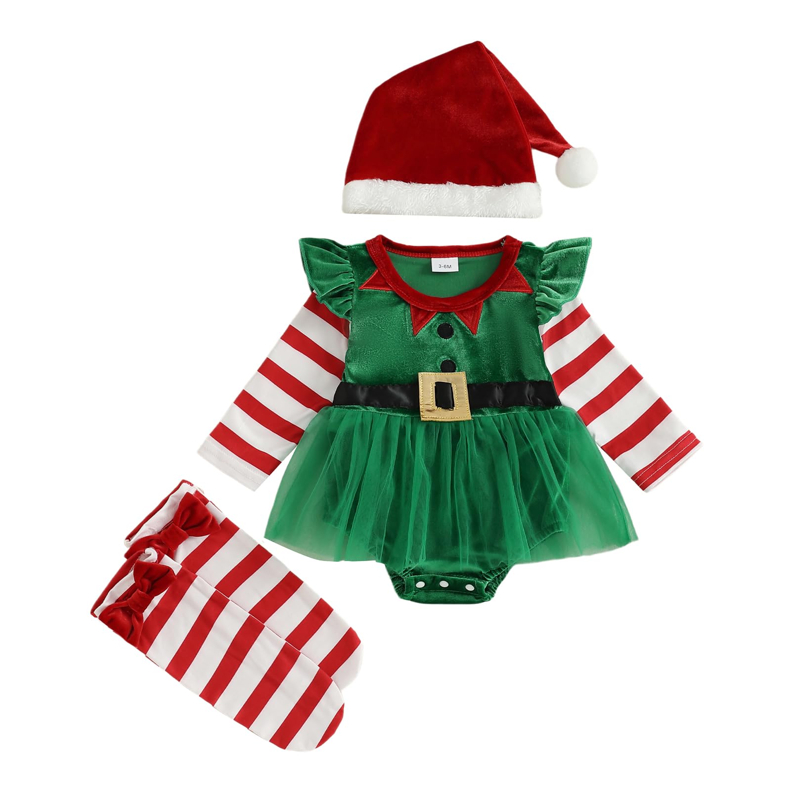 Kouoybt Infant Baby Girls First Christmas Outfit Elf Costume Dresses Long Sleeve Striped with Hat Set 2 Pcs Christmas Set (D-Green, 0-3 Months) โ image 1