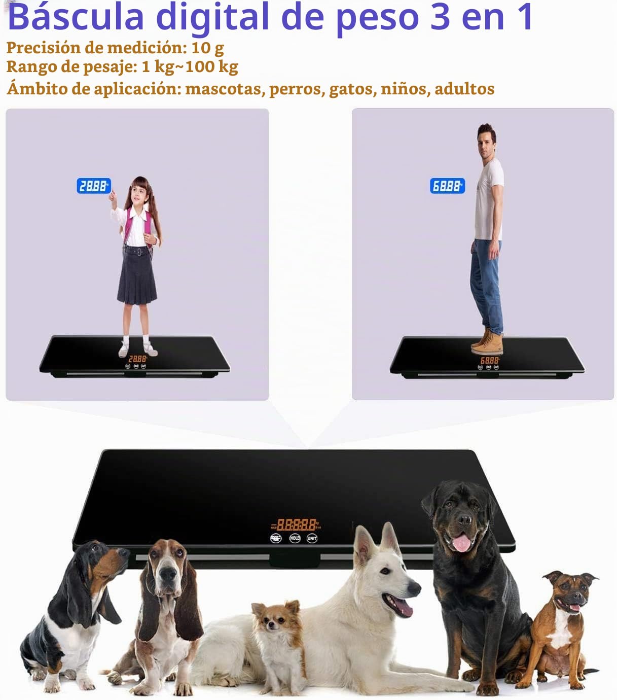 Báscula digital para mascotas para perros, con alfombrilla antideslizante, plataforma de báscula para animales, dimensiones 25,6 x 17,7 pulgadas, peso máximo 220 libras, precisión 10 g, color negro.