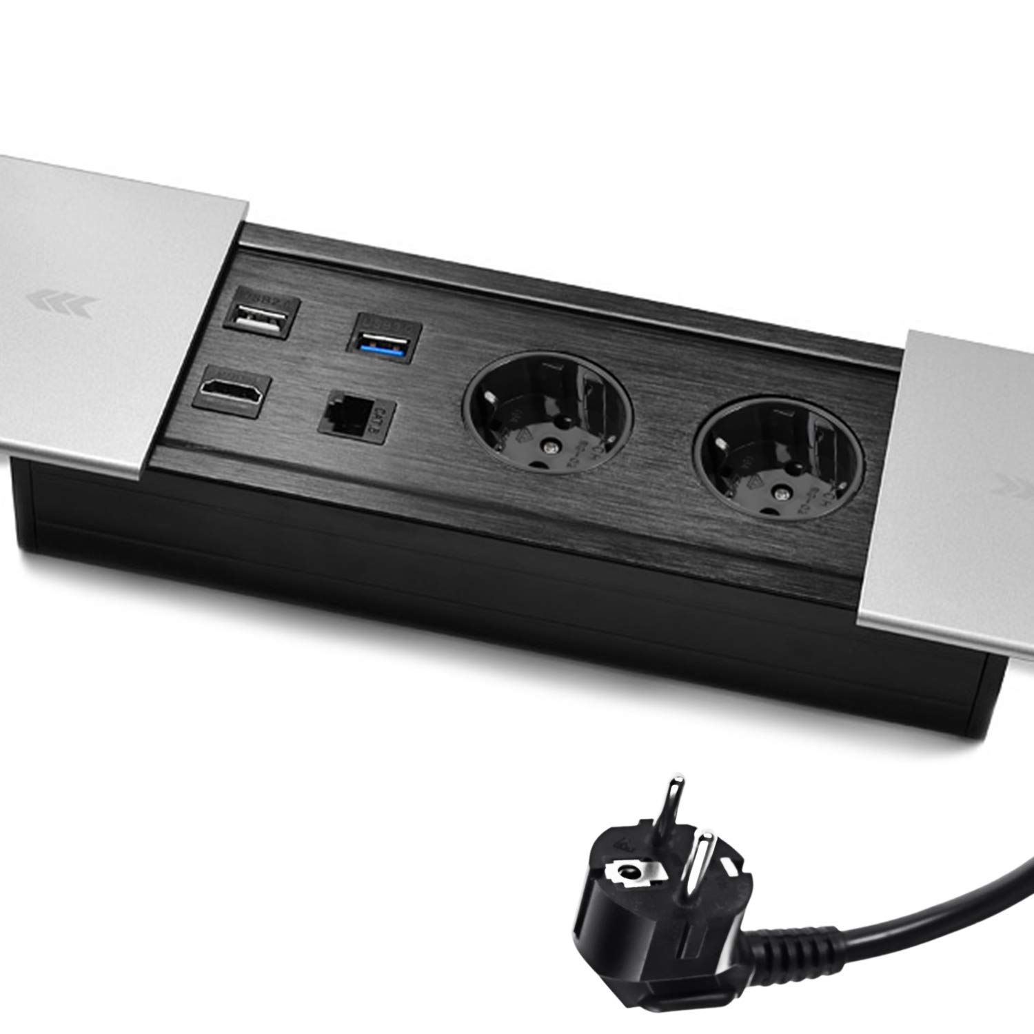 Regleta de enchufes múltiple de metal, 2 enchufes Schuko, 1 USB 2.0, 1 USB 3.0, 1 HDMI, 1 CAT6, 1,5 m de cable con enchufe, para escritorio, muebles, Spacetronik
