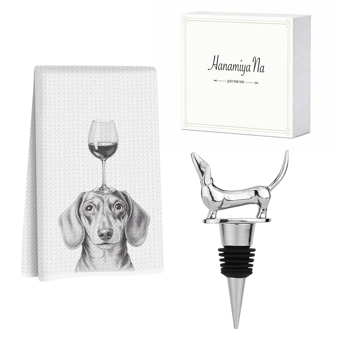 Funny Dachshund Wine Kitchen Towels with Wine Bottle Stopper 24x14 Inch