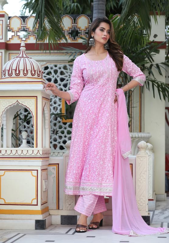 Image of NASRO Women's Viscose Rayon Printed Embroidered Round Neck 3 /4th Sleeves Anarkali Kurta & Pant Suit Set /Salwar Suit Set (Purple)