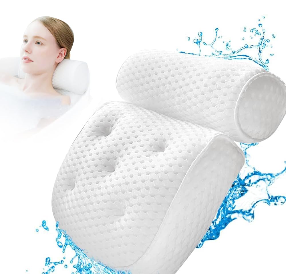 ThclmdseBath Pillow, Bathtub Spa Pillow with 4D Air Mesh Technology and 7 Suction Cups, Helps Support Back and Neck, Fits All Bathtub, Hot Tub and Home Spa (White)