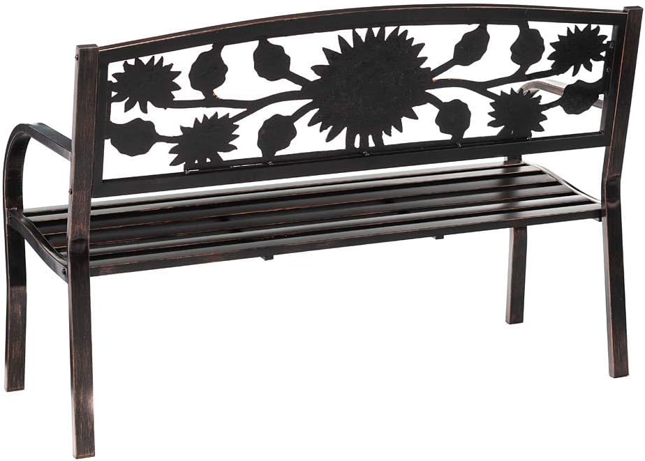 Plow & Hearth Black Metal Sunflower Garden Bench for Patio, Yard and Garden with Detailed Decorative Back Design Featuring Copper-Colored Flowers and Leaves, 50" W x 21" D x 34" H : Garden & Outdoor
