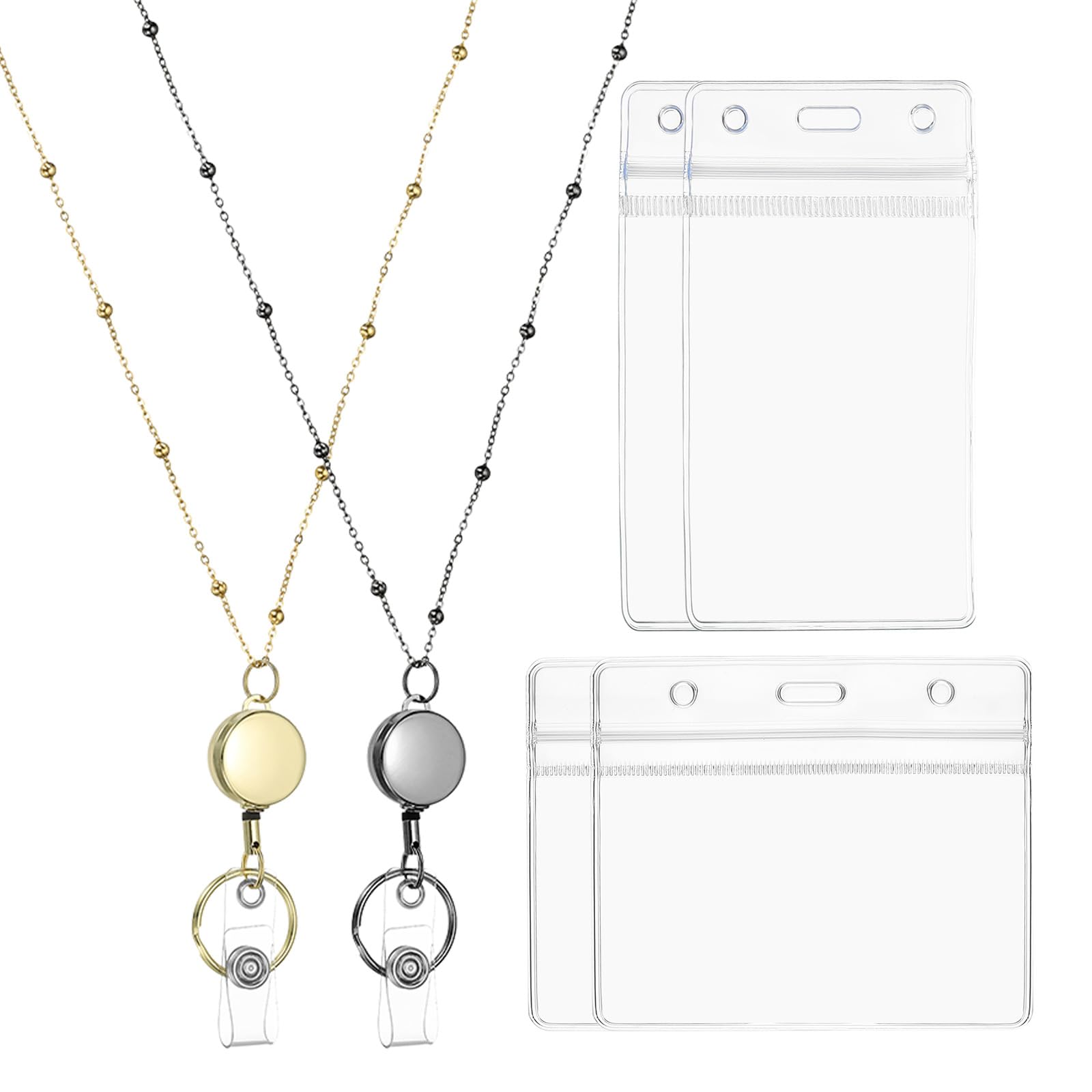 PATIKIL Badge Necklace Lanyard with ID Holder,2 Pcs 304 Stainless Steel Retractable Round Badge Reel Lanyard Clip Chain with 2 Set ID Holder for Woman Office ID Card Key,Black/Gold Tone