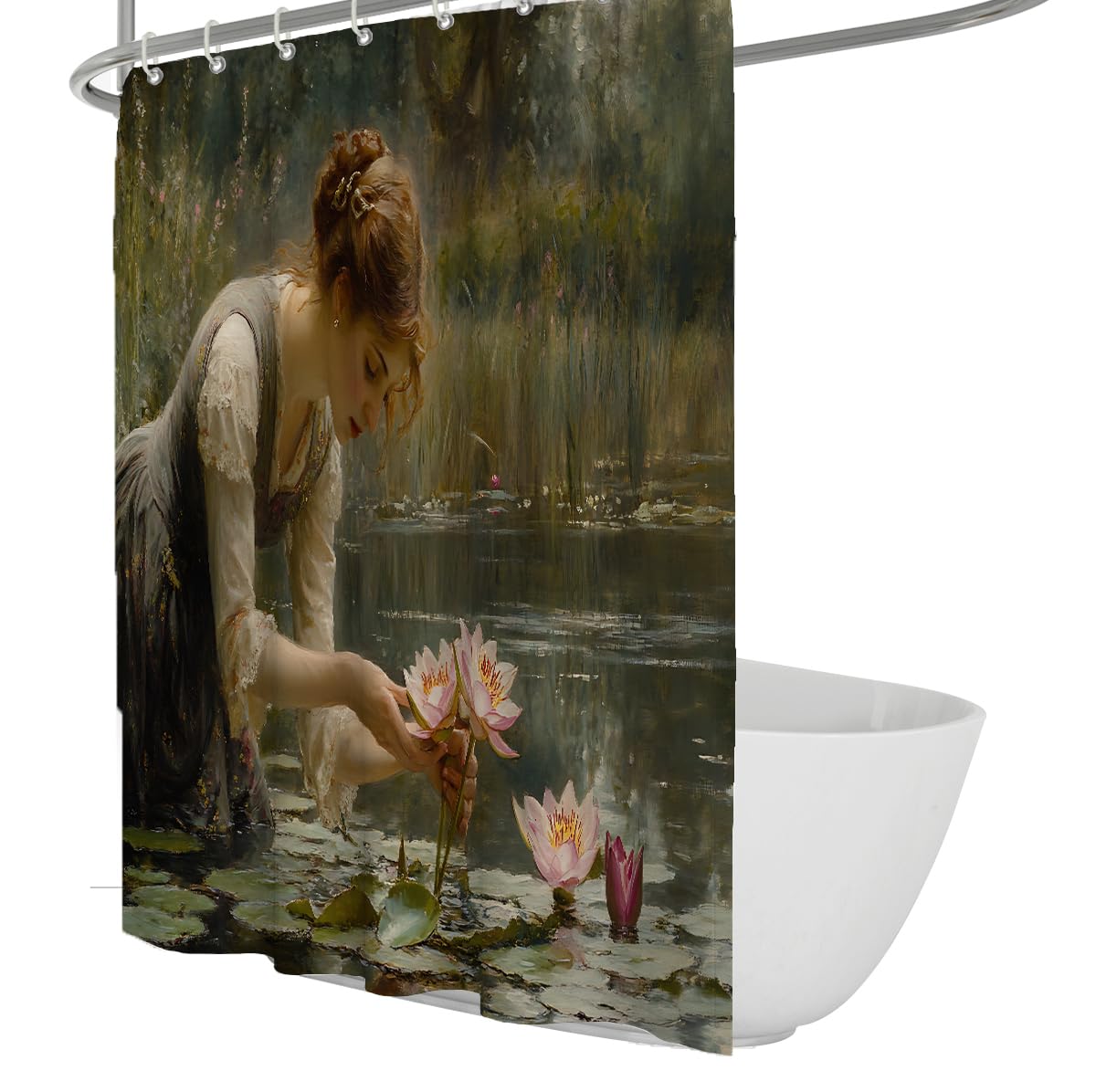 OLLIAR Home Impressionist Bath Curtain Elegant Woman Floral Water Lily Pond Classic Shower Curtains for Bathroom Waterproof Quick Dry Bathroom Accessories 100x200cm