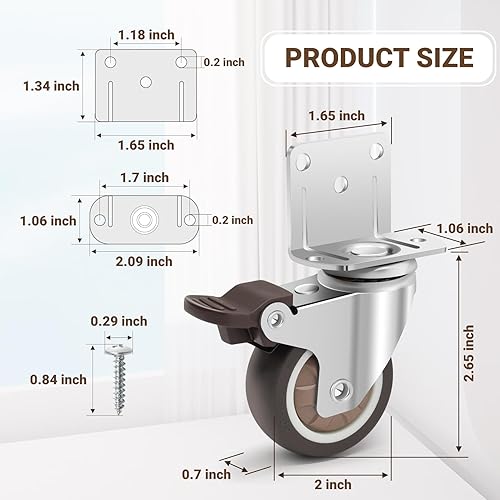 Miniatura 9 de Nefish Ruedas giratorias de 2 pulgadas con soporte en U de 34 pulgadas (0.787 in), juego de 4 ruedas de goma pequeñas con freno, ruedas giratorias