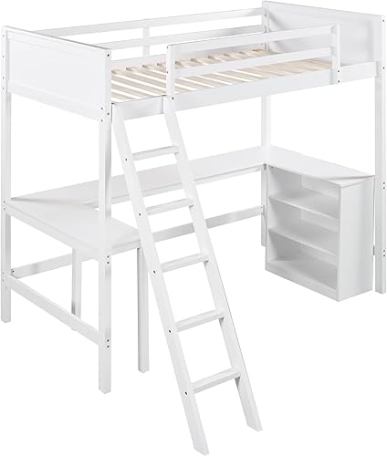 Miniatura 4 de Cotoala Cama alta de tamaño individual con estantes y escritorio para niños y adultos dormitorio no requiere somier fácil montaje color blanco