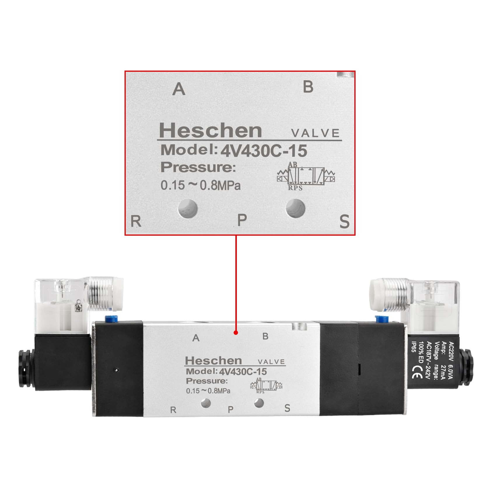 Heschen Elektrisches pneumatisches Magnetventil, 4V430C-15, 220VAC, PT1/2", 5-Wege-3-Positionen, Doppelspulen-Pilotbetriebener elektrischer geschlossener Typ, CE