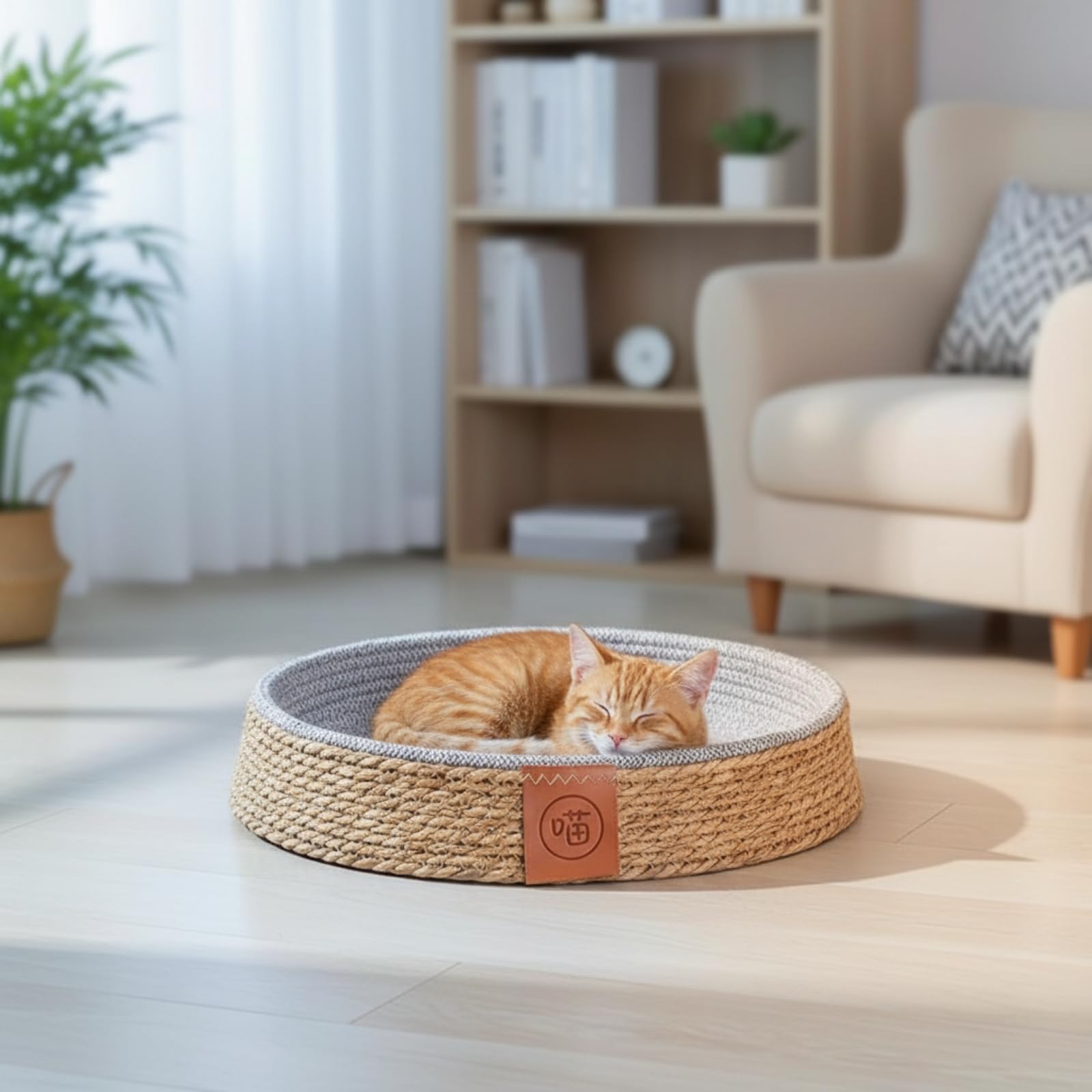 Colcolo Cuccia per Animali Domestici Letto Tondo Cestino Basso Nido Accogliente con Bordo Contenitivo E Etichetta Frontale Decorativa in Giunco E Cotone Adatta a Soggiorno, 40 Cm