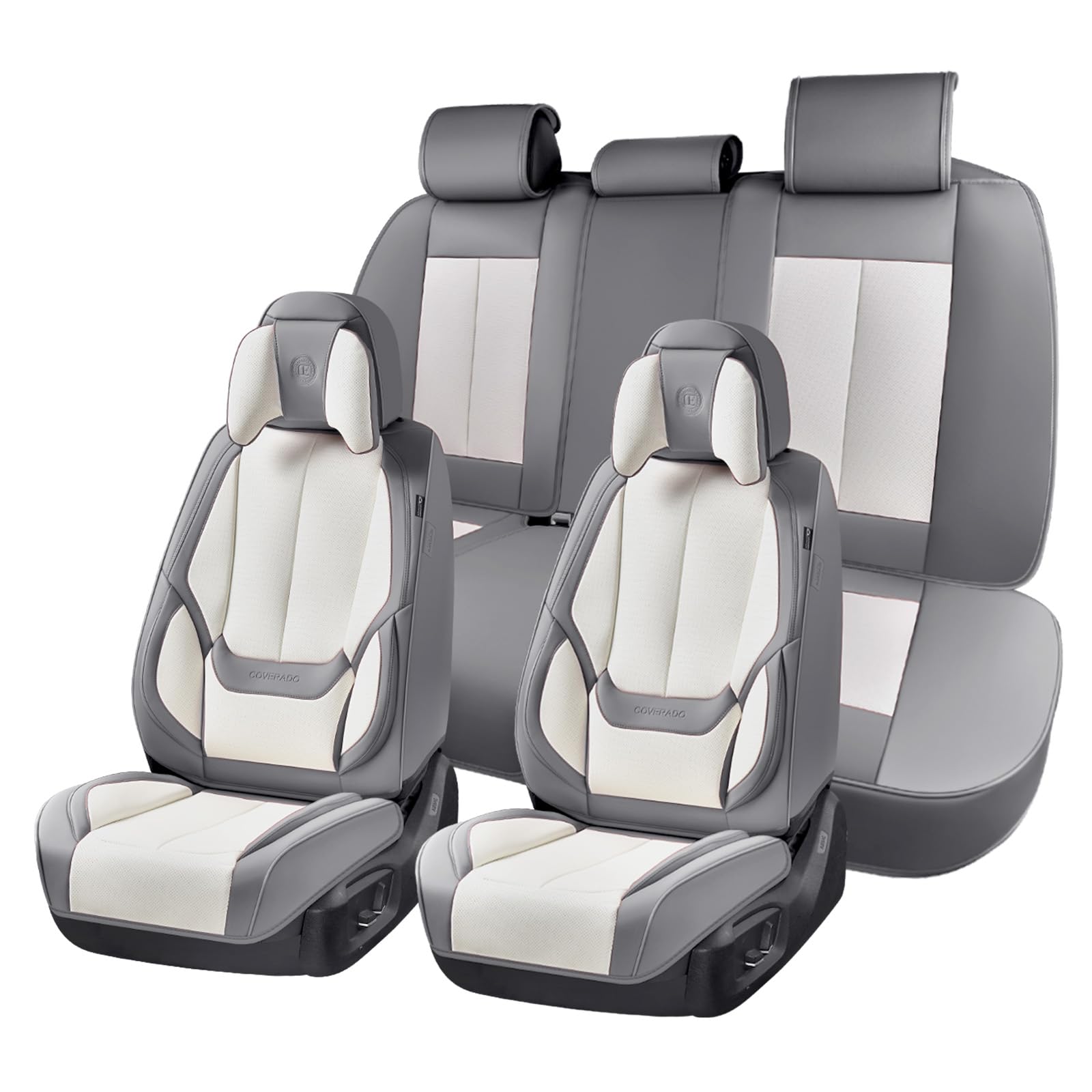Coverado Seat Covers Full Set, 5 Seats Seat Covers for Cars, Waterproof Nappa Leather Car Seat Covers with Head Pillow, Seat Protectors Car Seat Cushion Universal Fit for Most Cars (Gray&amp;White)