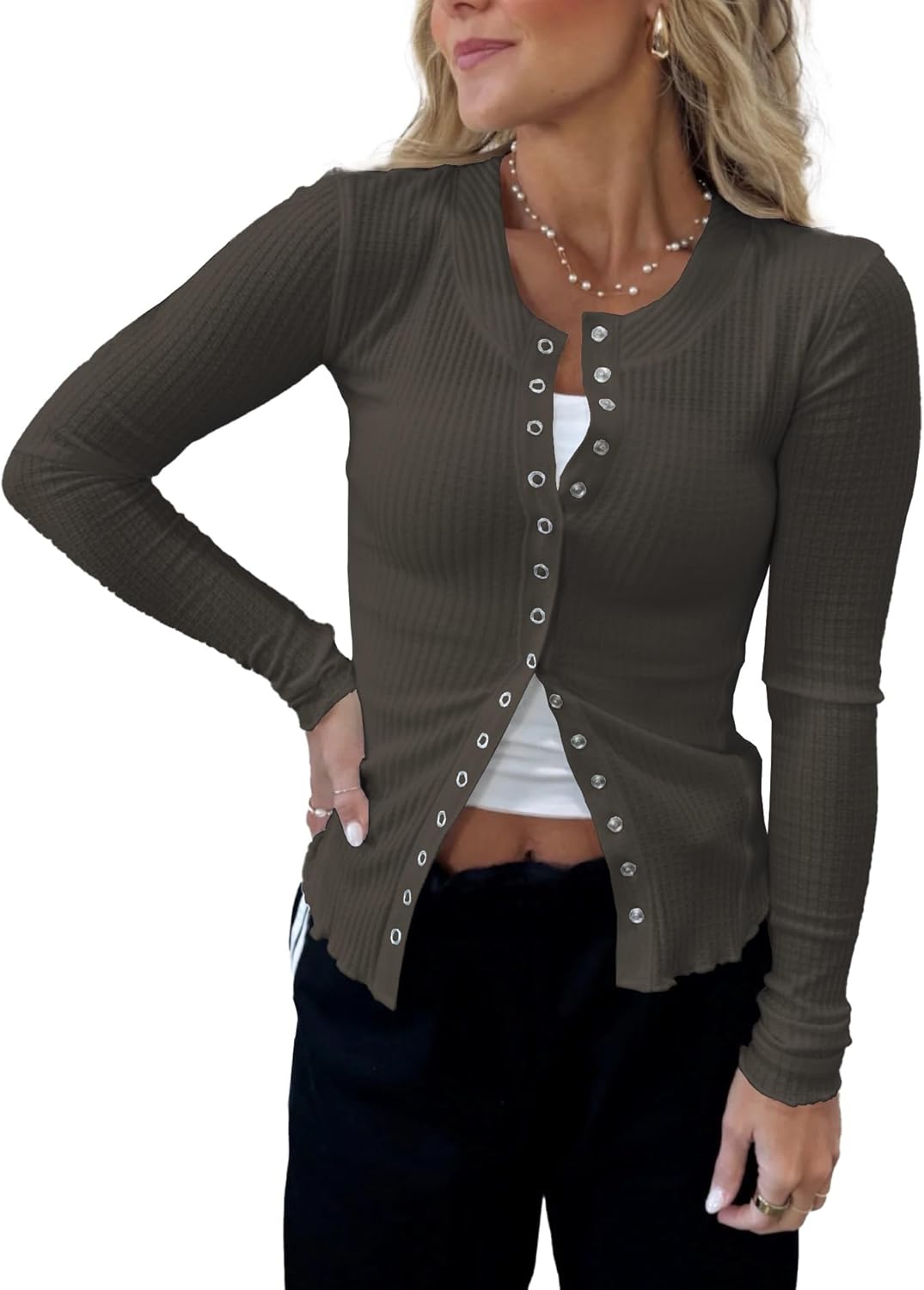 HERILIOS Women's Long Sleeves Snap Button Down Blouses Stretchy Waffle Knit Basic Crew Neck Shirts