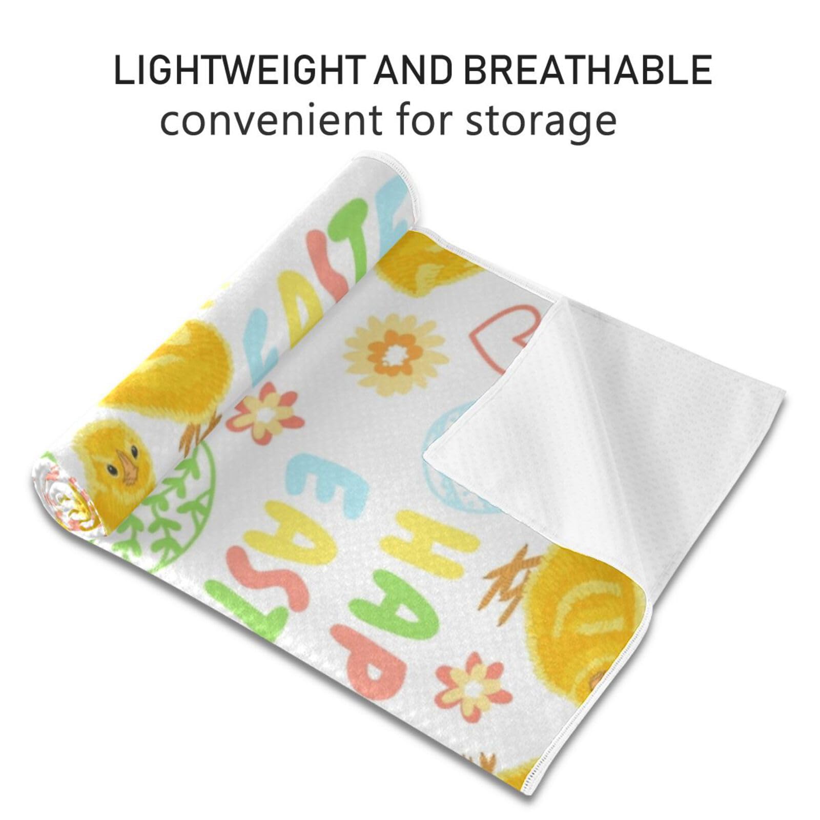 Fygkptb Happy Easter with Yellow Chicks Eggs Flowers and Hearts on White Yoga Towel Non Slip Yoga Mat Cloth Foldable Yoga Towel Sweat Absorbent Yoga Towel with Storage Mesh Bag 73 x 27 inch