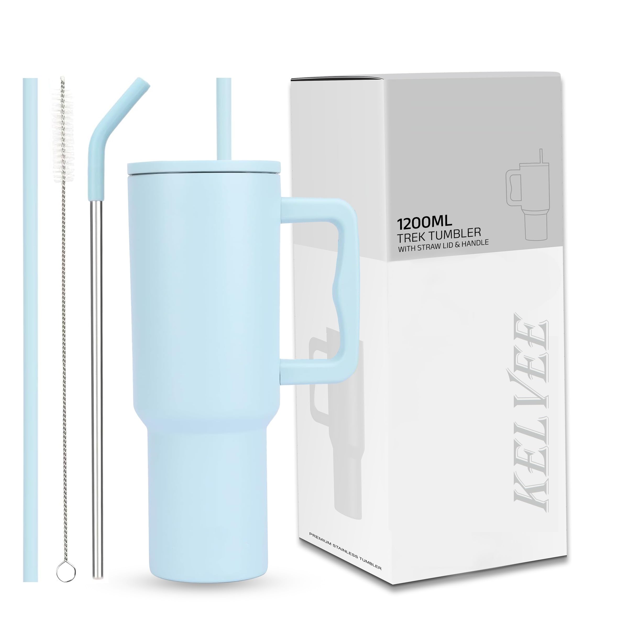 KELVEE 40oz Tumbler with Handle and Straw Lid, Reusable Vacuum Insulated Stainless Steel Water Bottle Leakproof Coffee Sipper Mug for Keeping Beverages Hot or Cold,Perfect for Travel (Sky Blue)