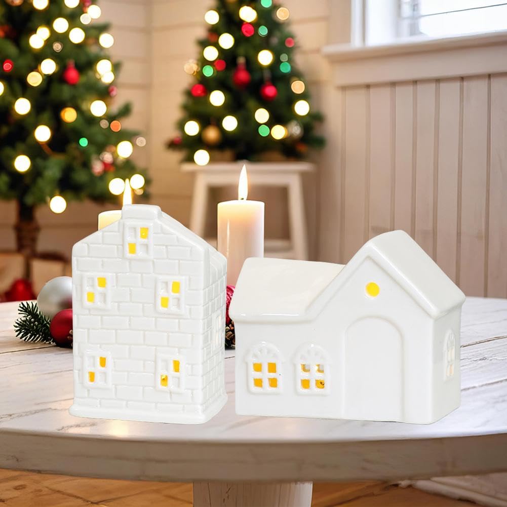 Maison de village de Noël en céramique blanche, ensemble de village de Noël, maisons de village de Noël éclairées par LED, maisons de ville en porcelaine blanche, collection de scènes de Noël pour la