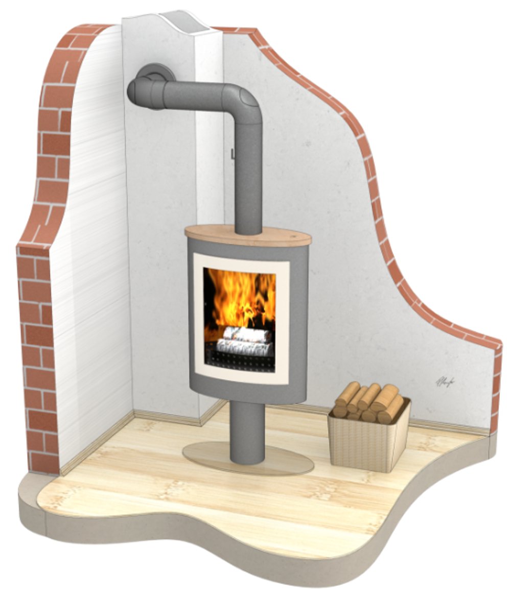 Kamin Winkelrohr (Schenkellänge 450/700 mm) mit Tür und Drosselklappe, schwarz; Durchmesser 150mm