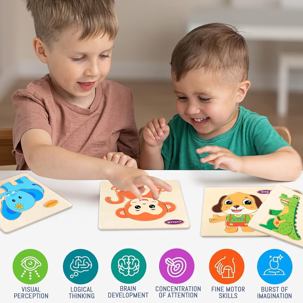 Kulveanju Montessori Houten puzzel vanaf 1 jaar, 4 stuks dieren-steekpuzzel, hout, educatieve grijppuzzel, motoriekspeelgoed, babyspeelgoed, cadeau voor meisjes en jongens, kinderen vanaf 2