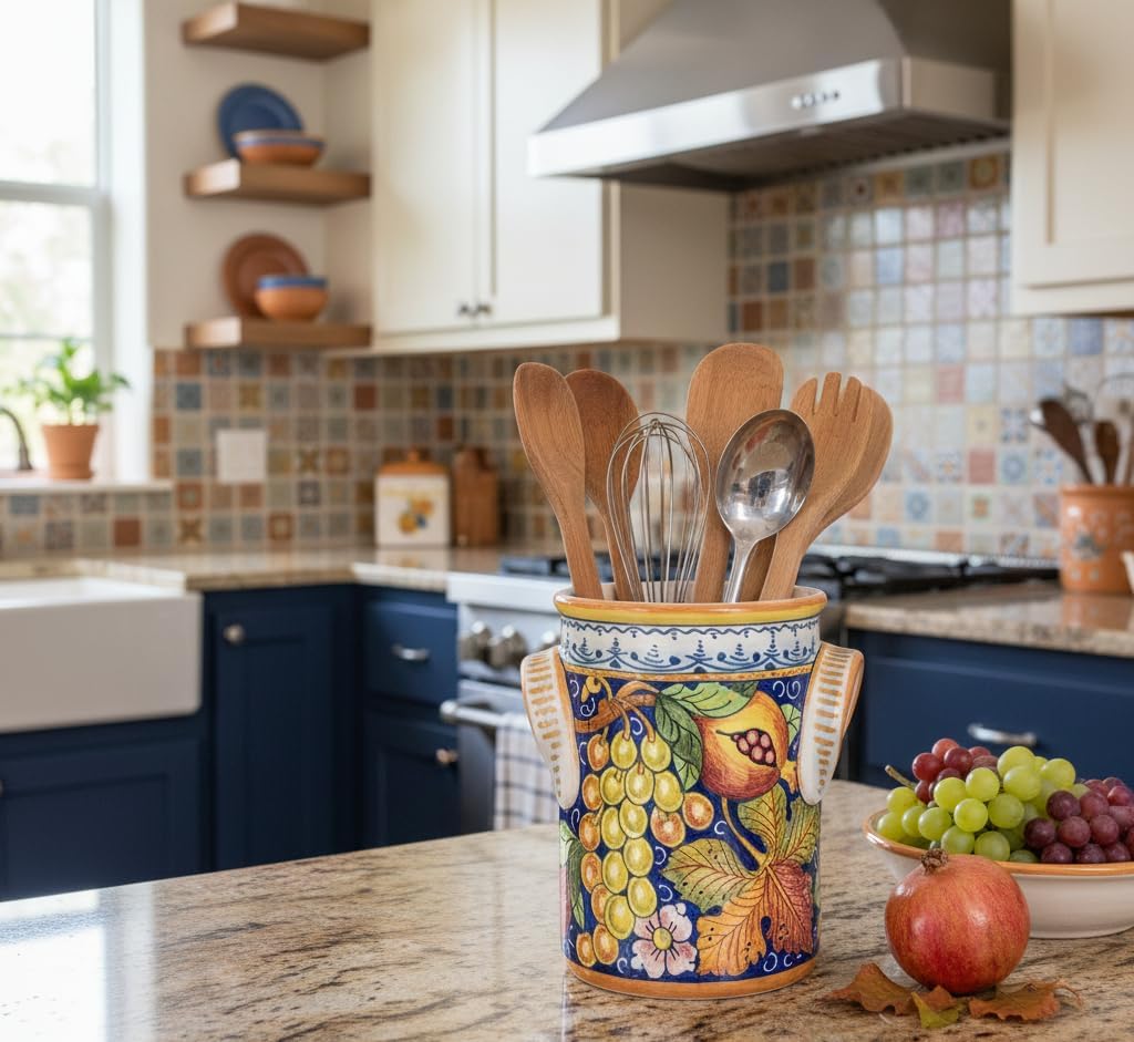 CERAMICHE D'ARTE PARRINI- Italian Pottery Utensil Holder Wine Bottle Hand Painted Made in Italy Decorated Red Grapes Tuscan Florence