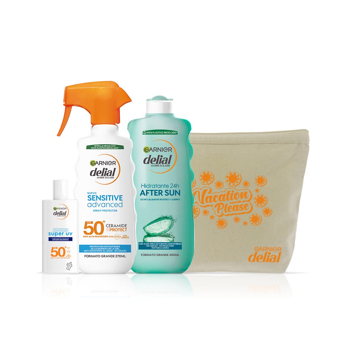 Garnier Delial Pack Verano - Spray Protector para Pieles Sensibles IP50 270ML + Crema Facial Super UV con Ácido Hialurónico 40ML + AfterSun con Aloe Vera 400ML+ Neceser de regalo