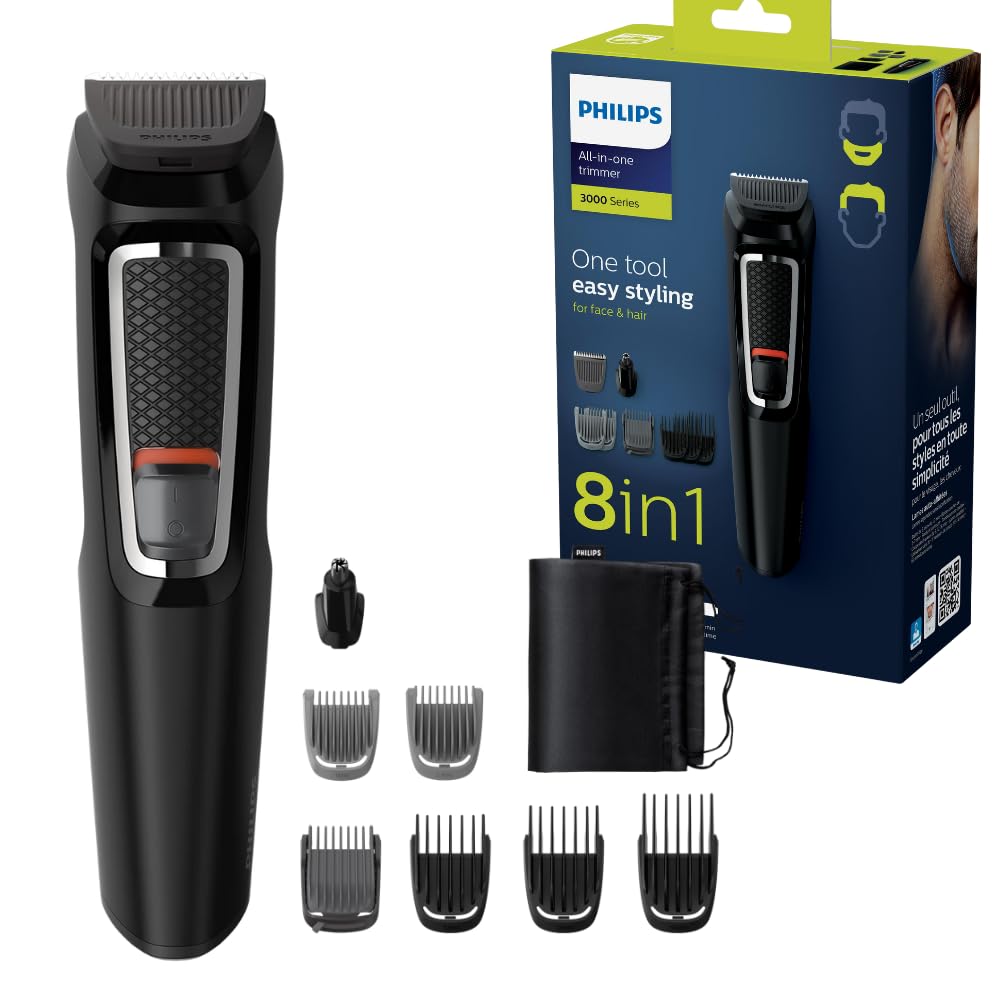 Philips Multigroom Series 3000 8-in-1 Face And Hair Cordless Trimmer With 8 Tools, Rinseable Attachments And Up to 60min RunTime, Black, MG3730/15