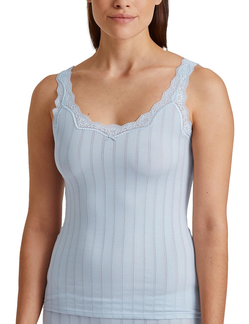 Calida Women's Arctic Ice Etude Toujours Tank Top With Swiss+Cotton Seal Of Approval Elegant Pinstripe Look And Delicate Lace On The Neck, 6/8 Uk