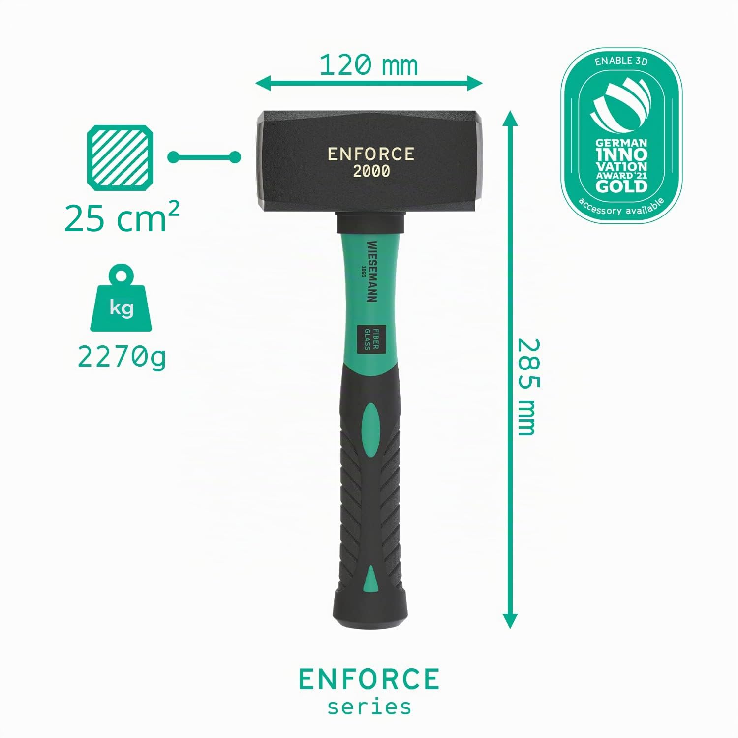 Mazo extragrande de 2000 g con empuñadura de fibra de vidrio de la ENFORCE Serie de WIESEMANN 1893 | Cabeza forjada, endurecida por inducción | 80560