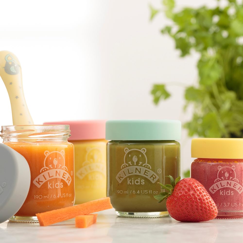 KILNER Babygläser Set 6 x 190 ml, Glas mit Silikondeckel, spülmaschinenfest | Babynahrungsgläser, spülmaschinenfest, mikrowellengeeignet, gefriergeeignet, auslaufsicher, 12 Etiketten inklusive